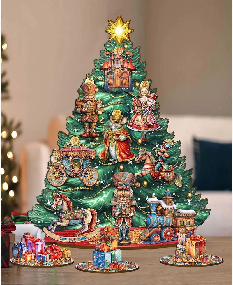 Designocracy Nutcracker Themed Wooden Christmas Tree with Ornaments Set of 13 G. DeBrekht