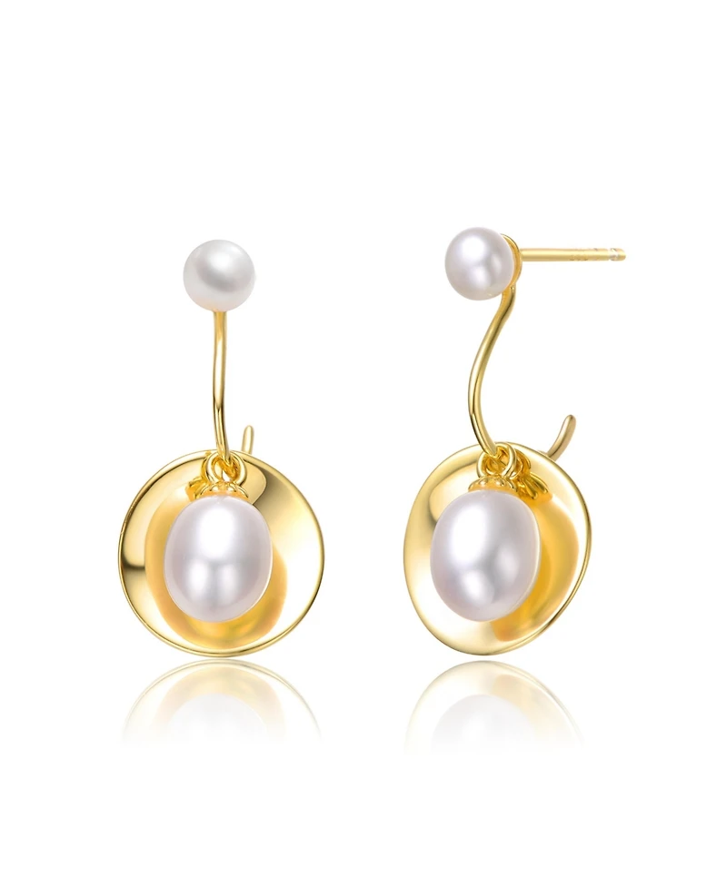 Sterling Silver 14k Yellow Gold Plated with White Freshwater Pearl Double Drop Seashell Dangle Earrings
