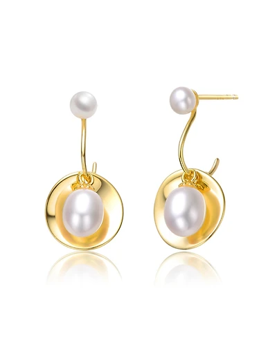 Sterling Silver 14k Yellow Gold Plated with White Freshwater Pearl Double Drop Seashell Dangle Earrings