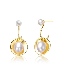 Sterling Silver 14k Yellow Gold Plated with White Freshwater Pearl Double Drop Seashell Dangle Earrings