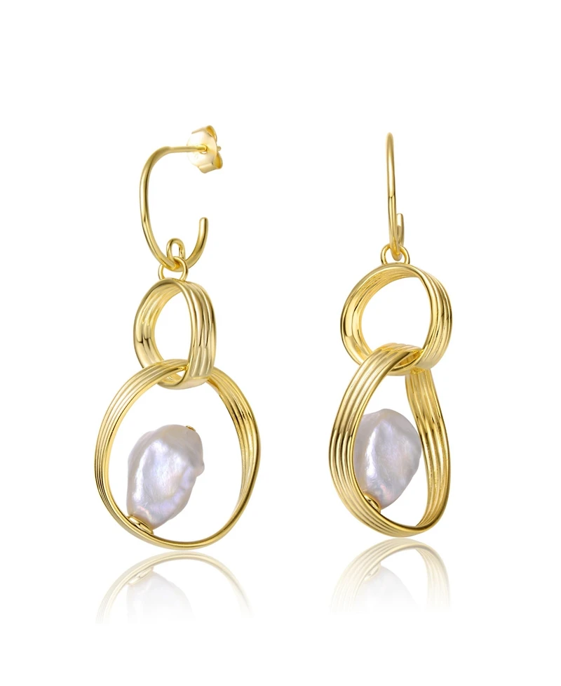 Sterling Silver 14k Yellow Gold Plated with Baroque White Freshwater Pearl Double Drop Half-Hoop Dangle Earrings