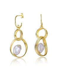 Sterling Silver 14k Yellow Gold Plated with Baroque White Freshwater Pearl Double Drop Half-Hoop Dangle Earrings
