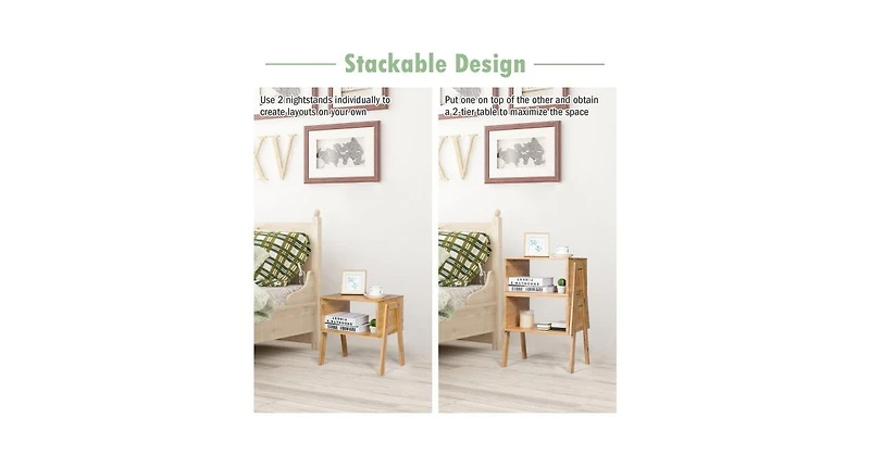 Slickblue 2 Pieces Bamboo Nightstand Sofa Table with Storage Shelf