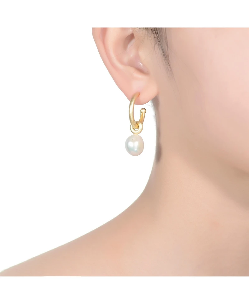 Elegant Sterling Silver 14K Gold Plated Round 11.5-12MM Genuine Freshwater Pearl Hoop Earrings
