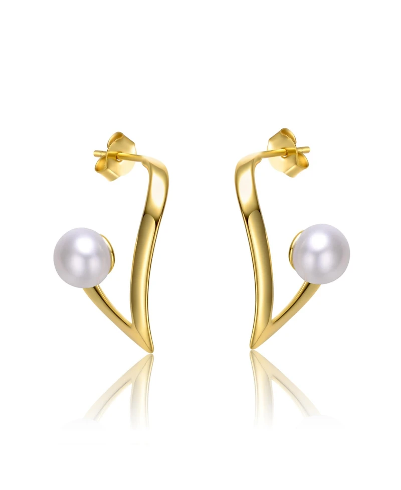 Sterling Silver 14k Yellow Gold with White Freshwater Pearl Open Geometric Abstract Art Earrings