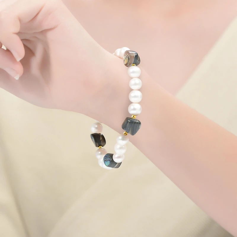 Sterling Silver White Gold Plated and Freshwater Pearl Abalone Bracelet