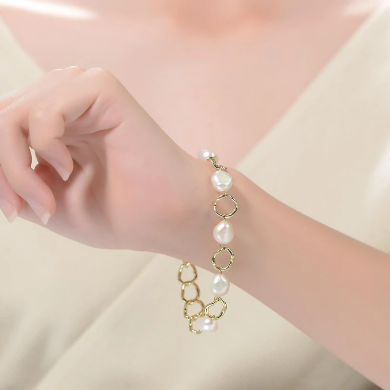 Sterling Silver Genuine Freshwater Pearl Chain Bracelet