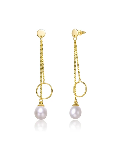 Sterling Silver 14k Yellow Gold Plated with White Freshwater Pearl & Eternity Circle Asymmetrical Double Linear Drop Fringe Earrings