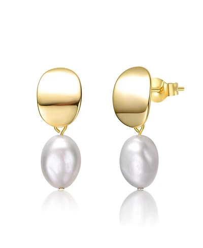 Sterling Silver 14k Yellow Gold Plated Oval White Freshwater Pearl Drop Medallion Dangle Earrings