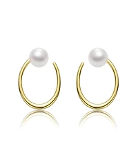 Sterling Silver 14k Yellow Gold Plated with White Freshwater Pearl Oblong Oval Halo Hoop Dangle Earrings