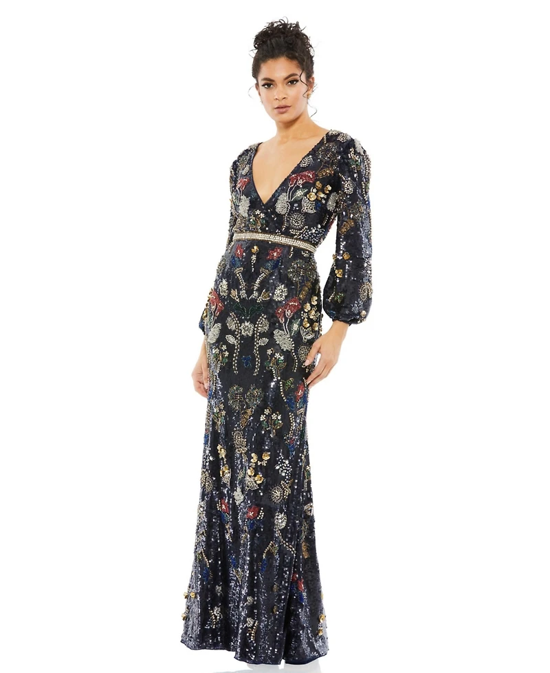 Mac Duggal Women's Embellished Wrap Over Bishop Sleeve Gown