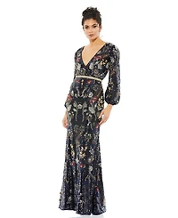 Mac Duggal Women's Embellished Wrap Over Bishop Sleeve Gown