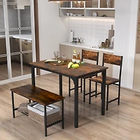 4pcs Dining Table Set Rustic Desk 2 Chairs & Bench with Storage Rack