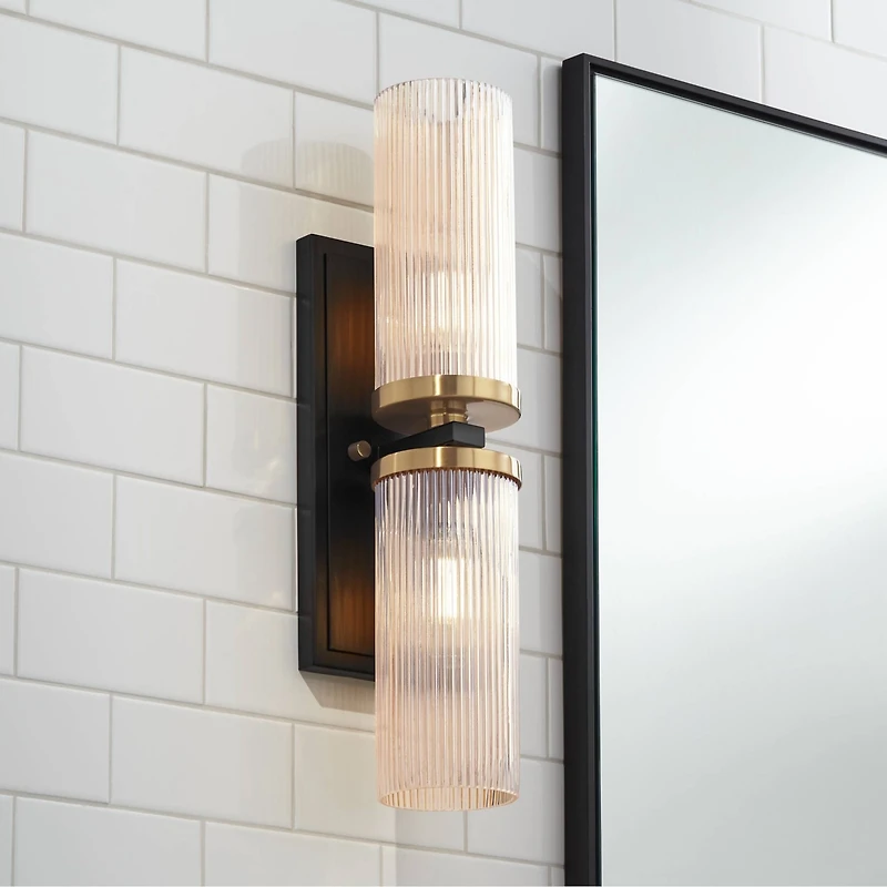 Palais Modern Wall Light Sconce Black Warm Brass Hardwired 4 1/4" 2-Light Fixture Ribbed Champagne Glass Shade for Bedroom Bathroom Vanity Readin