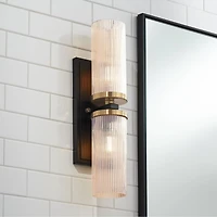 Palais Modern Wall Light Sconce Black Warm Brass Hardwired 4 1/4" 2-Light Fixture Ribbed Champagne Glass Shade for Bedroom Bathroom Vanity Readin