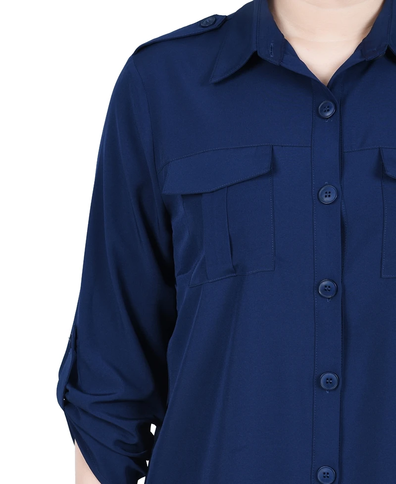 Ny Collection Petite 3/4 Sleeve Roll Tab Utility Blouse