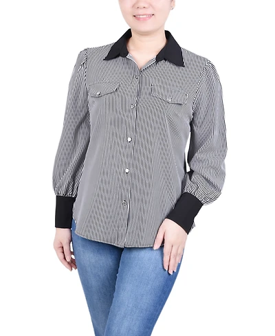 Ny Collection Petite Long Sleeve Striped Button Front Blouse