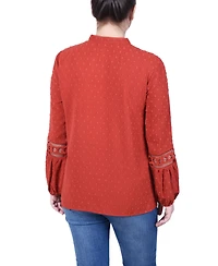 Ny Collection Petite Long Sleeve Blouse with Crochet Trim