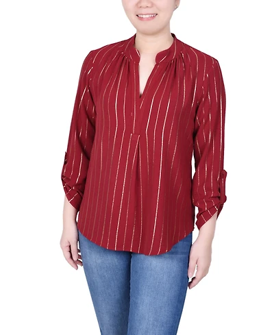 Ny Collection Petite Long Sleeve Foil Striped Blouse