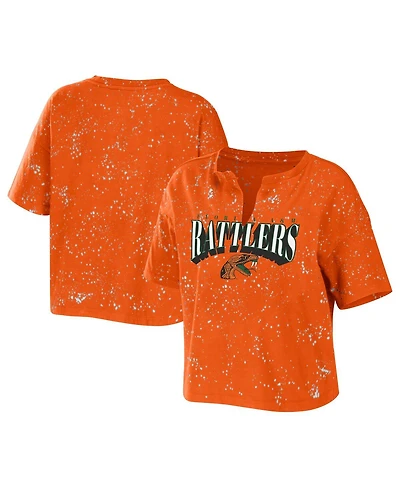 Women's Wear by Erin Andrews Orange Florida A&M Rattlers Bleach Wash Splatter Cropped Notch Neck T-shirt
