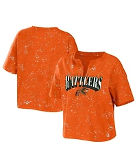 Women's Wear by Erin Andrews Orange Florida A&M Rattlers Bleach Wash Splatter Cropped Notch Neck T-shirt