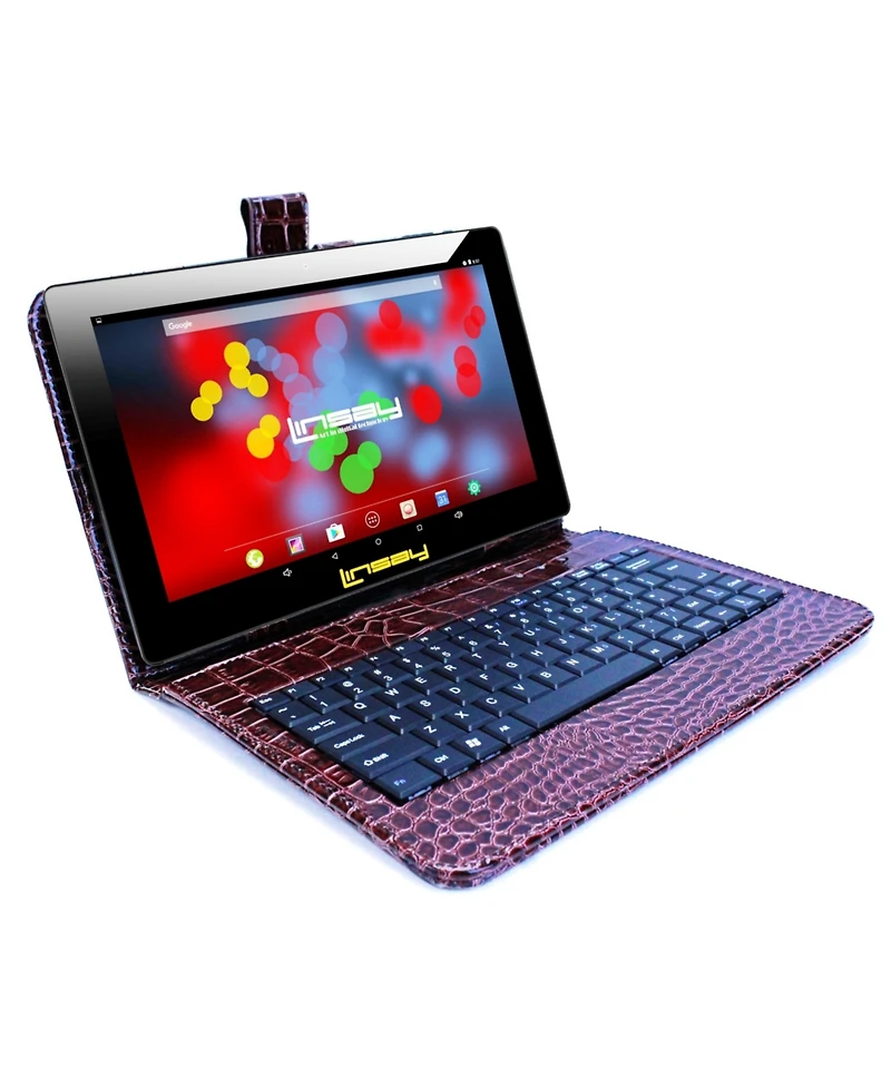 New Linsay 10.1" Tablet Octa Core 128GB Bundle with Exclusive Luxury Brown Crocodile Style Keyboard Newest Android 14