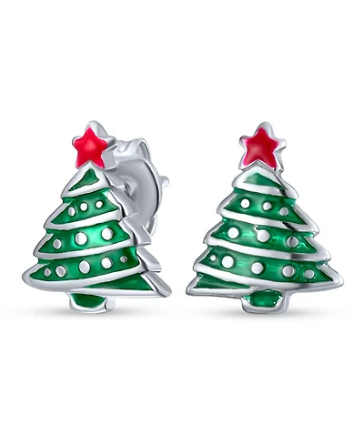 Bling Jewelry Small Fun Winter Holiday Red Star Enamel Green Christmas Tree Stud Earrings Sterling Silver