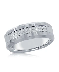 Brushed and Polished Double Row Cz Silver Tungsten Ring