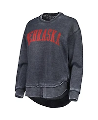 Women's Pressbox Black Distressed Nebraska Huskers Vintage-Like Wash Pullover Sweatshirt