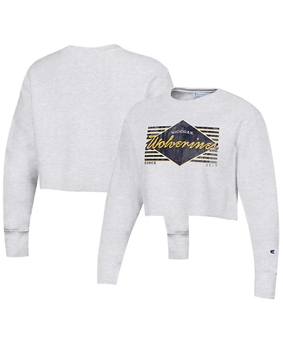 Women's Champion Heather Gray Distressed Michigan Wolverines Reverse Weave Cropped Pullover Sweatshirt