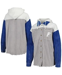 Women's Gameday Couture Gray Distressed Florida Gators Vintage-Like Wash Corduroy Full-Snap Hooded Shacket