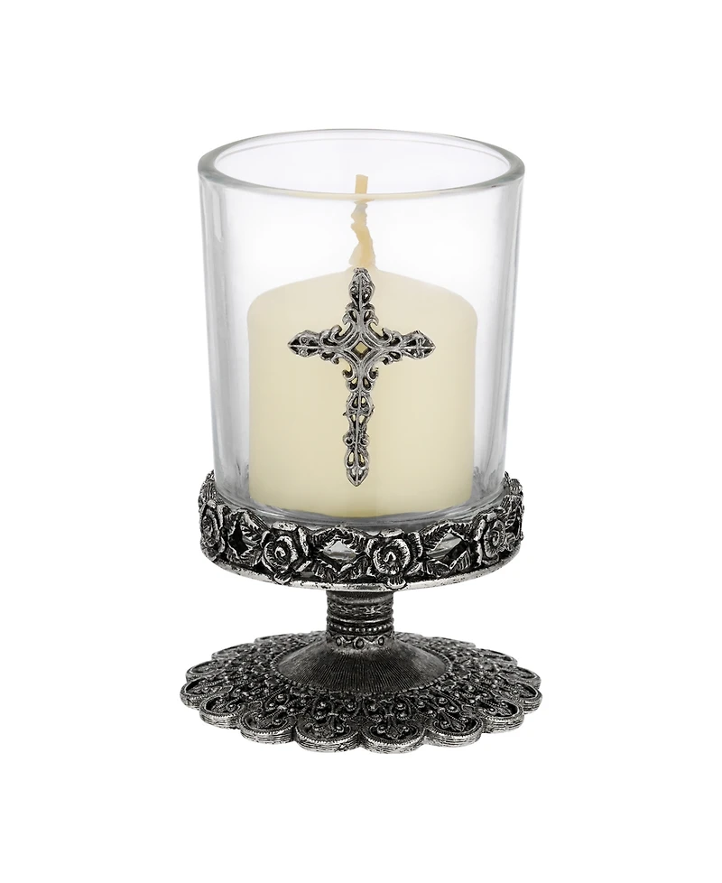 2028 Glass Pewter Cross Candle Holder