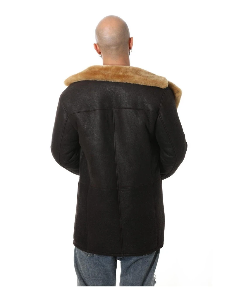 Furniq Uk Men's Sheepskin Trench Coat, Washed Brown with Ginger Wool