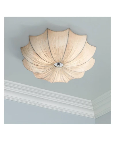 Possini Euro Design Planetarium Modern Ceiling Light Flush Mount Fixture 21" Wide Chrome 3-Light Ivory Fabric Scalloped Bowl for Bedroom Living R