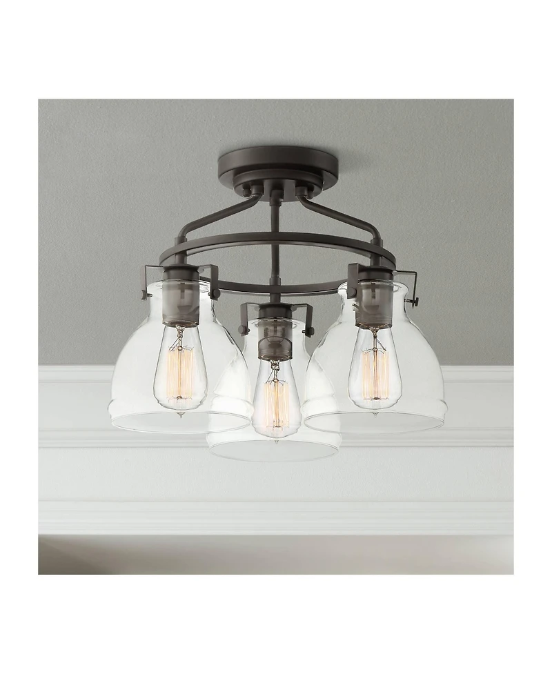 Possini Euro Design Industrial Rustic Farmhouse Ceiling Light Semi Flush Mount Fixture 14 1/2" Wide Bronze 3-Light Clear Glass Shade for Bedroom