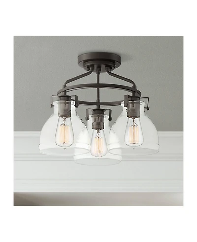Possini Euro Design Industrial Rustic Farmhouse Ceiling Light Semi Flush Mount Fixture 14 1/2" Wide Bronze 3-Light Clear Glass Shade for Bedroom