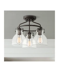 Possini Euro Design Industrial Rustic Farmhouse Ceiling Light Semi Flush Mount Fixture 14 1/2" Wide Bronze 3-Light Clear Glass Shade for Bedroom