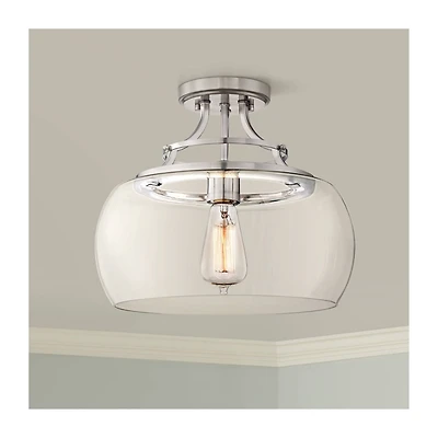 Franklin Iron Works Charleston Industrial Rustic Farmhouse Ceiling Light Semi Flush-Mount Fixture 13 1/2" Wide Brushed Nickel Led Clear Glass Shade fo
