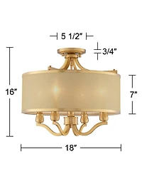 Possini Euro Design Nor Vintage-like Ceiling Light Semi Flush-Mount Fixture 18" Wide Warm Antique Brass 4-Light Soft Gold Organza Drum Shade for Bedro