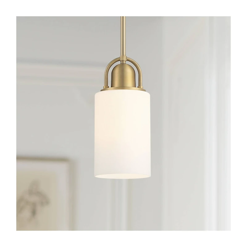 Possini Euro Design Copenhagan Warm Brass Gold Mini Pendant Light 4 3/4" Wide Modern Opal White Glass Cylinder Shade Fixture for Dining Room House Foy
