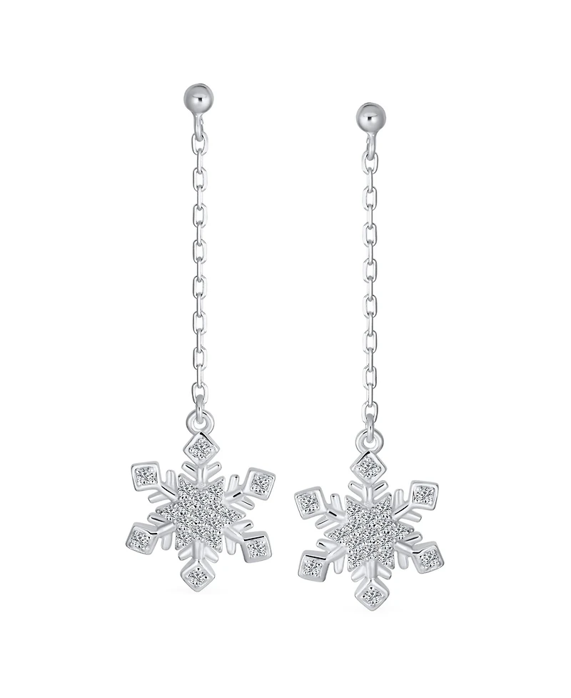 Bling Jewelry Christmas Cubic Zirconia Frozen Winter Holiday Party Linear Chain Pave Cz Snowflake Dangle Earrings Sterling Silver