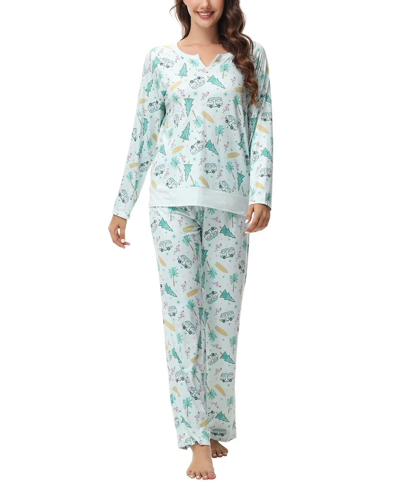 Ink+Ivy Women's Long Sleeve Notch Collar Top with Lounge Pants 2 Piece Pajama Set
