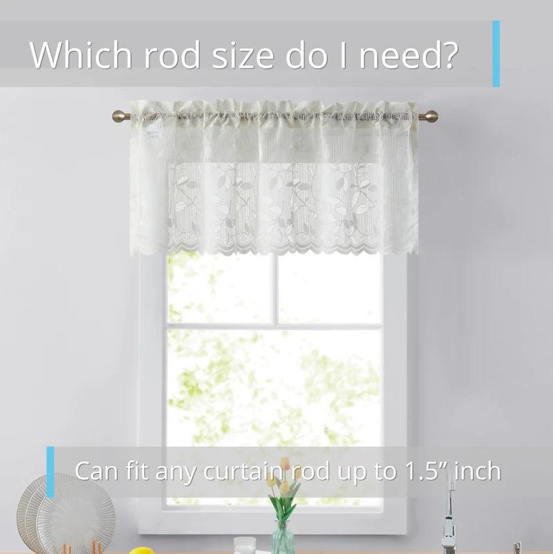 Hlc.me Joyce Lace Sheer Kitchen Curtain Valance Topper - Rod Pocket for Small Windows, Bathroom & Kitchen