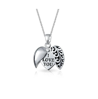 I Love You Word Opening Heart Shape Locket Pendant Necklace Etched .925 Sterling Silver