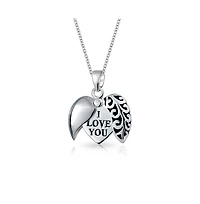 I Love You Word Opening Heart Shape Locket Pendant Necklace Etched .925 Sterling Silver