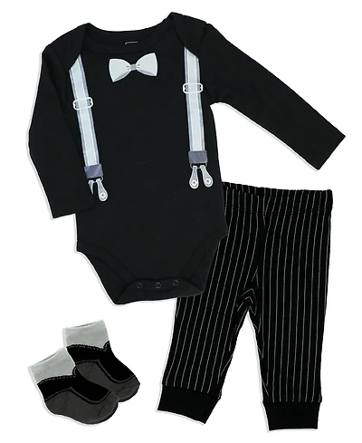 Baby Mode Baby Boys Suspender Bodysuit, Pants and Socks, 3 Piece Set