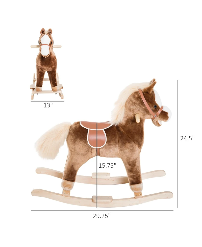 Qaba Kids Rocking Horse, Plush Toddler Rocker, Wooden Base Ride On Toy