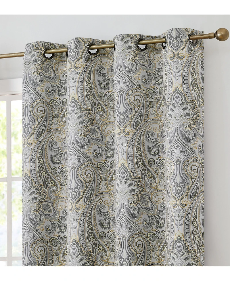 Hlc.me Paris Paisley Decorative Print Damask Pattern Light Reducing Filtering Grommet Window Curtain Panels, Set of 2 (Grey yellow