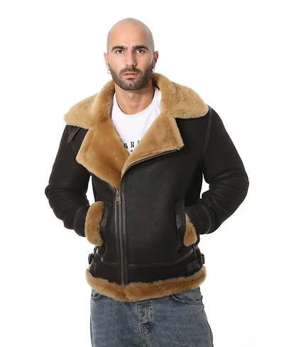 Furniq Uk Men's Shearling Biker Jacket, Washed Brown with Ginger Wool