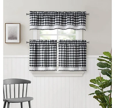 Kate Aurora Complete 3 Piece Country Farmhouse Plaid Gingham Black & White Buffalo Check Kitchen Curtain Tier & Valance Set